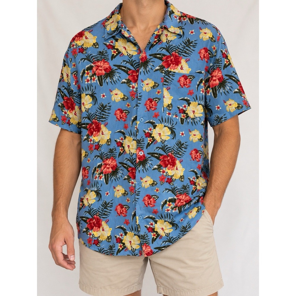 Lee Hawaiian Shirt Mens XL Blue Hibiscus Floral Tropical Viscose Button Up